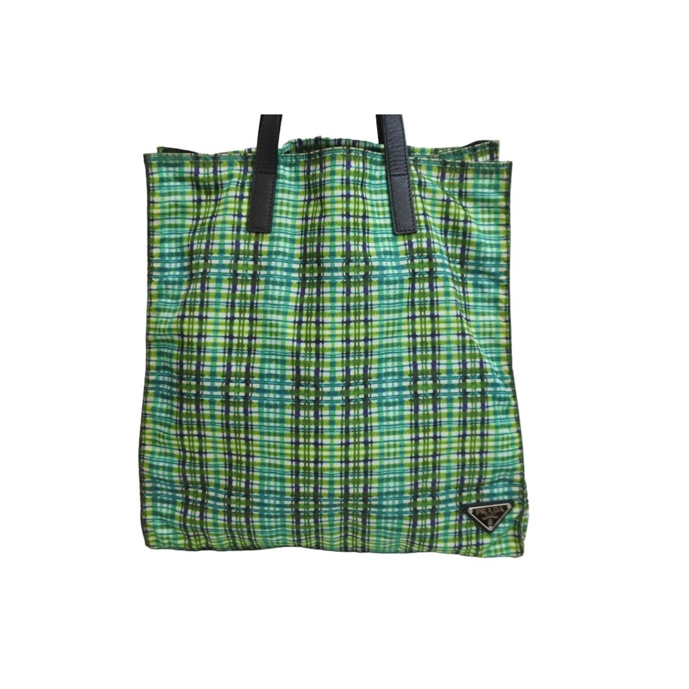 Prada Bag Nylon Logo Triangle Saffiano Tote Green Check